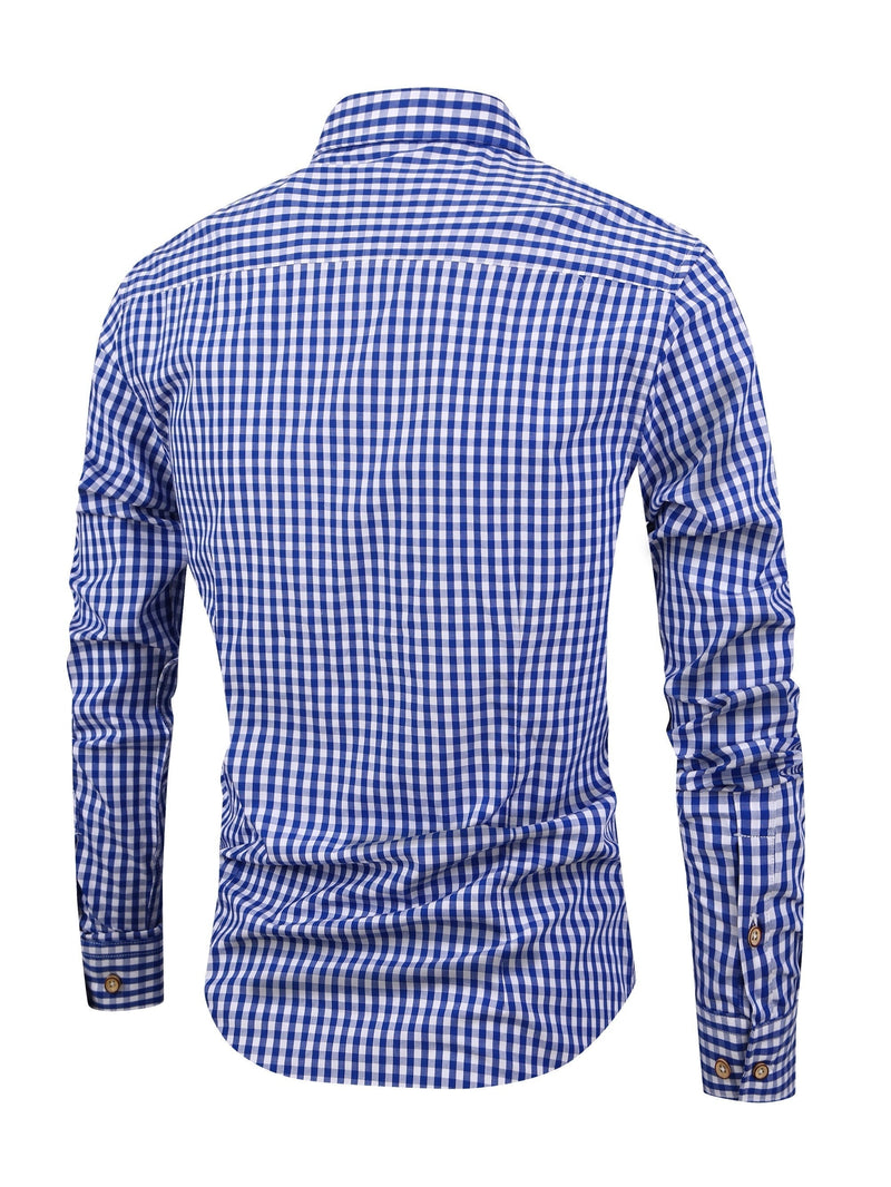 Blau-weiß kariertes Herrenhemd, langärmelig, Baumwolle, Freizeitmode, Rückansicht.