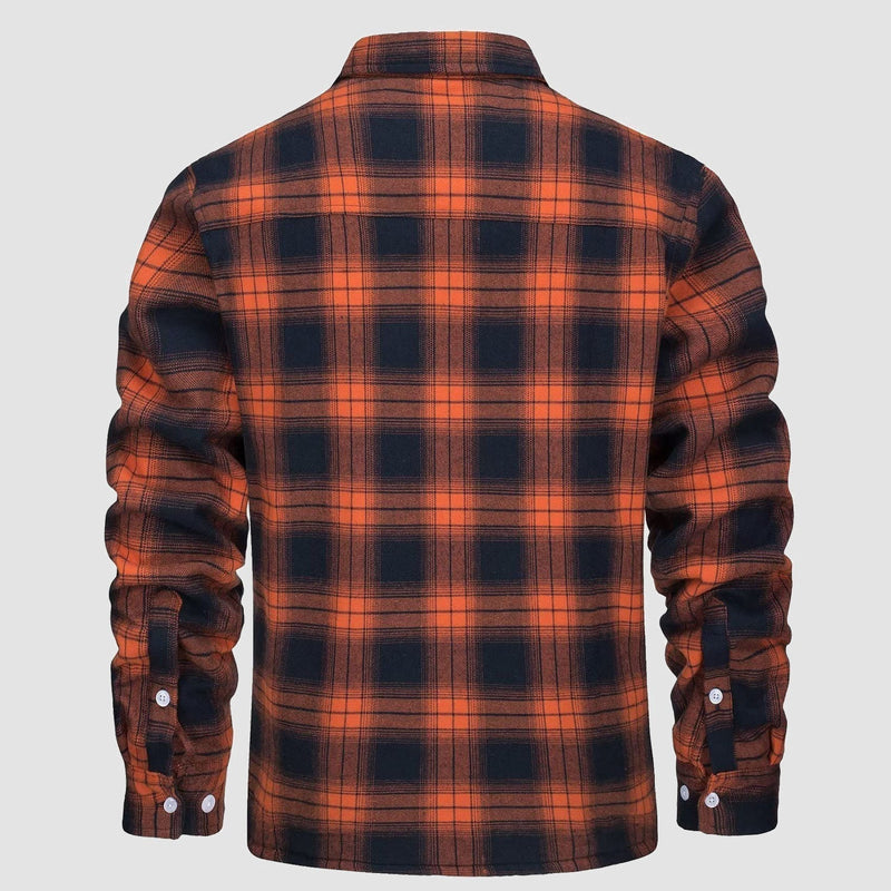 Orange-schwarzes kariertes Flanellhemd, langärmelig, Herrenmode, Rückansicht.