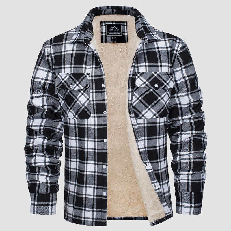 Schwarz-weiß kariertes Herrenhemd mit Fleece-Futter, warm, langärmelig, Freizeitmode.
