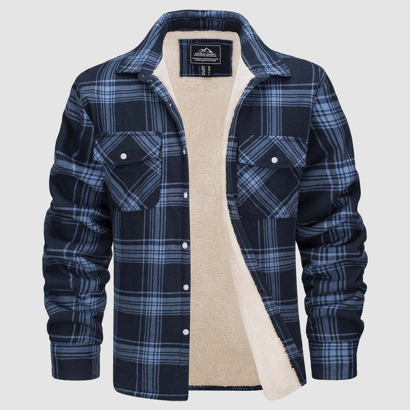 Dunkelblau kariertes Herrenhemd mit Fleece-Futter, warm, langärmelig, Knopfleiste.