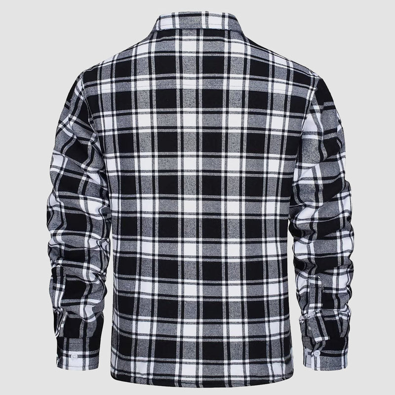 Schwarz-weiß kariertes Flanellhemd, langärmelig, Herrenmode, Freizeitkleidung.