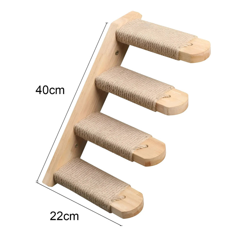 Katzenkletterwand aus Holz, 4 Stufen, Sisal umwickelt, 40x22cm, Wandmontage, Kratzbrett.