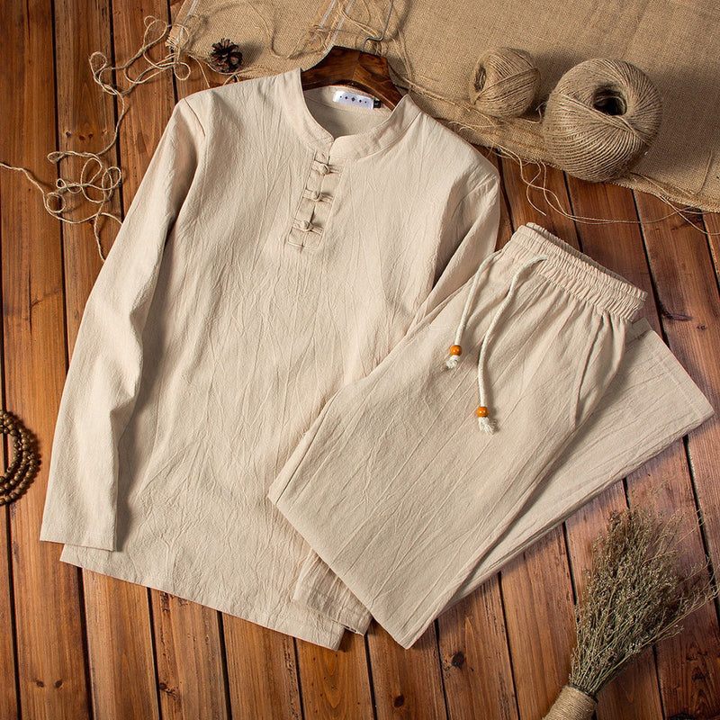 Khaki Herren Leinen Pyjama Set, langärmelig, Knopfleiste, bequem, atmungsaktiv, Holzoptik.