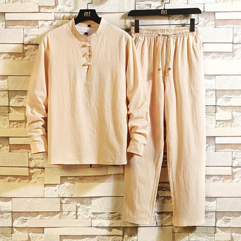 Khaki Herren Pyjama-Set, langärmelig, Baumwolle, traditionelles Design, beige, bequem.