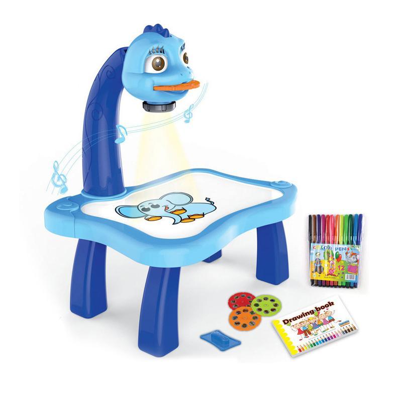 Blauer Kindermaltisch mit Projektor, Stiften und Malbuch, ideal für kreatives Zeichnen.