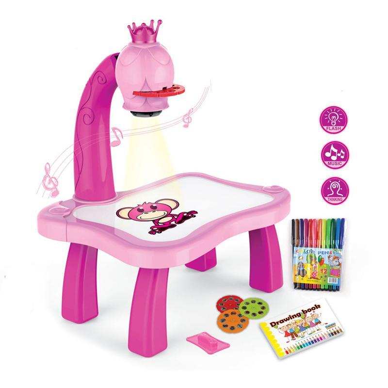 Rosa Kindermalprojektor Tisch mit Stiften und Malbuch, Lernspielzeug für Kinder.