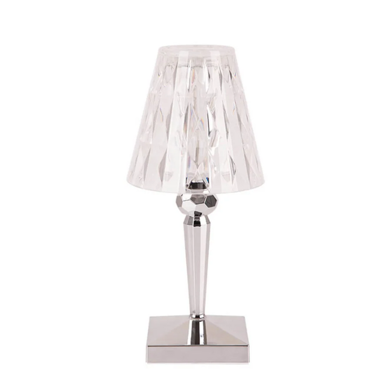 Kristall-Tischlampe, transparent, modern, elegantes Design, ideal für Wohnzimmer oder Büro.