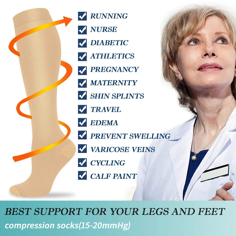 Beige Kompressionsstrümpfe, 15-20mmHg, für Laufen, Schwangerschaft, Krampfadern, Schwellungen.