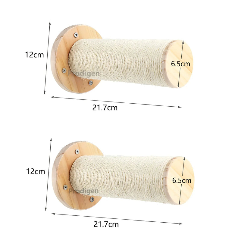 Zwei Wand-Kratzbretter für Katzen, Holz und Sisal, 21,7 cm, 12 cm Durchmesser, beige.