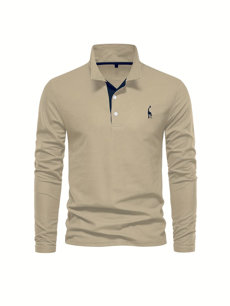 Beiges Langarm-Poloshirt mit Knopfleiste und gesticktem Logo, Herrenmode, Baumwolle.