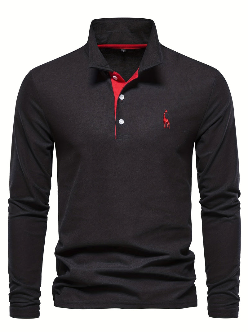 Schwarzes Langarm-Poloshirt mit rotem Kragen, Knopfleiste und gesticktem Logo für Herren.