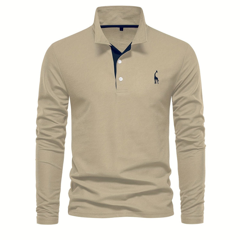 Beiges Langarm-Poloshirt für Herren, Baumwolle, klassischer Kragen, elegantes Design.