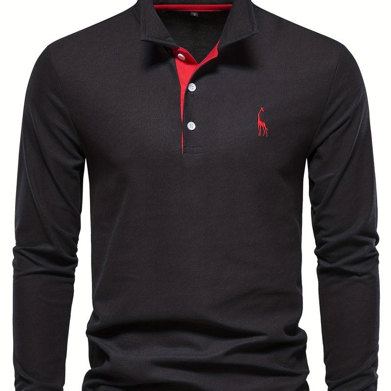 Schwarzes Langarm-Poloshirt mit rotem Kragen und Knopfleiste, Herrenmode, Baumwolle.