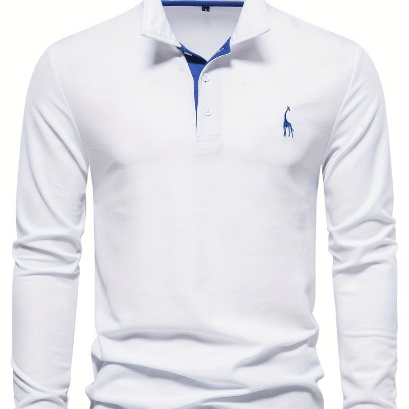 Weißes Herren-Poloshirt mit Langarm, blauer Krageninnenseite, Stickerei, Baumwolle.