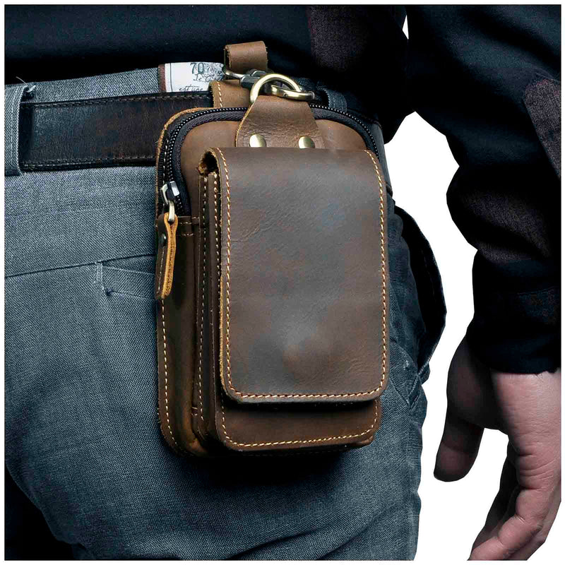 Braune Leder-Gürteltasche für Herren, multifunktional, mit Reißverschluss und Schnalle.