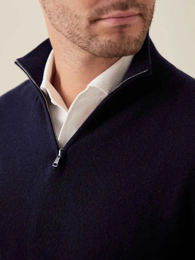 Männer-Kaschmirpullover mit Reißverschluss, Mitternachtsblau, aus Italien, elegantes Design.