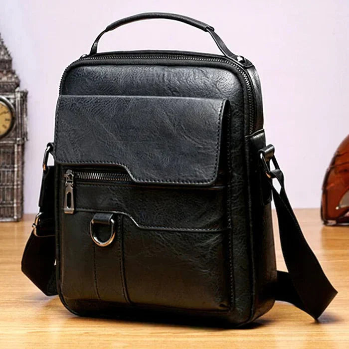 Schwarze Ledertasche, modern, stilvoll, Schultertasche, Herrenmode, Accessoire, elegant.