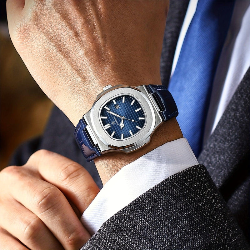 Luxus Herrenarmbanduhr, blaues Zifferblatt, Edelstahlgehäuse, elegantes Design.