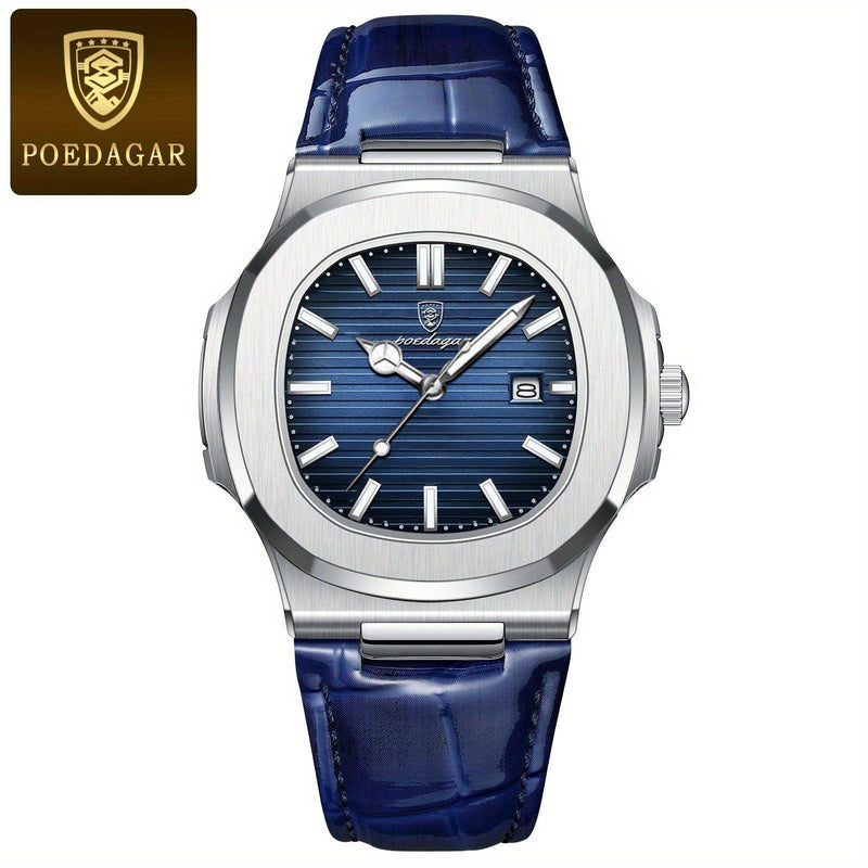 Luxus Herrenarmbanduhr, blaues Zifferblatt, Edelstahlgehäuse, Lederarmband, POEDAGAR.