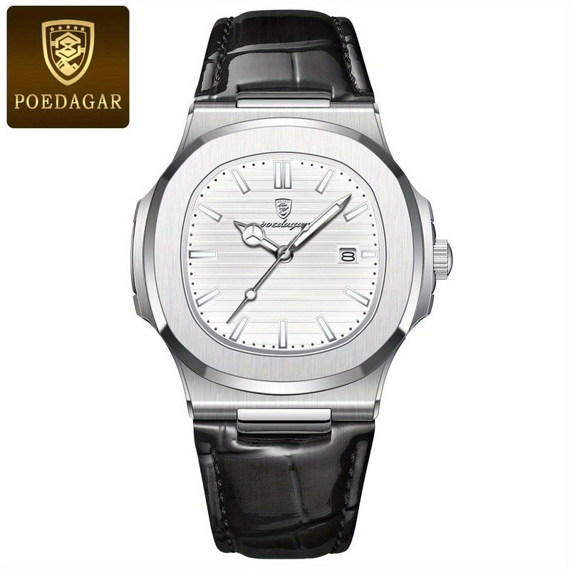 Luxus Herrenarmbanduhr, silbernes Zifferblatt, schwarzes Lederarmband, Poedagar Marke.