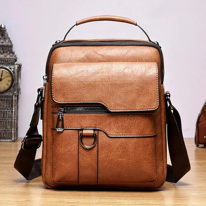 Braune Ledertasche, modern, stilvoll, Umhängetasche, Herrenmode, Accessoire, elegant, praktisch.
