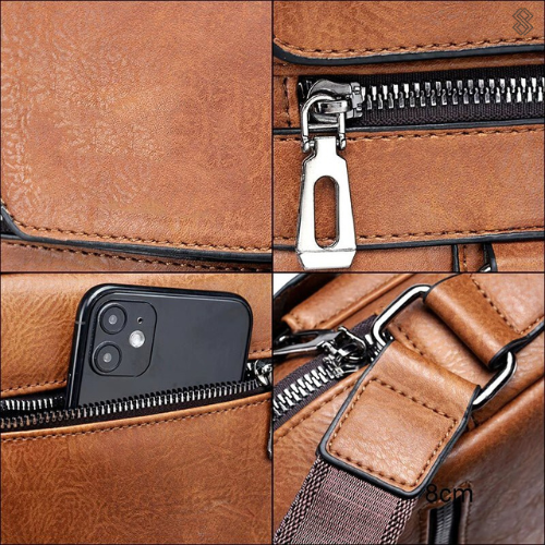 Braune Ledertasche mit Reißverschluss, Smartphone-Fach, verstellbarem Riemen, 8cm Breite.
