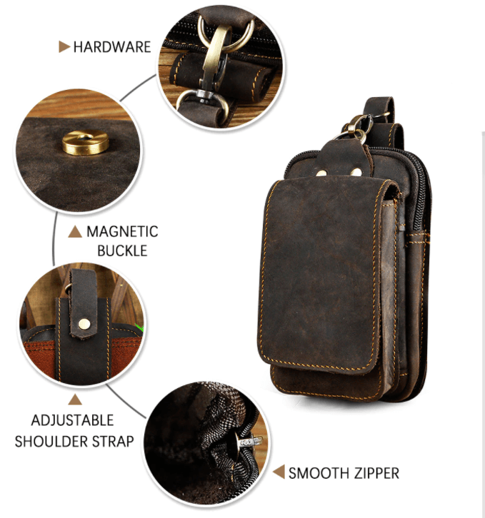 Herren-Gürteltasche aus braunem Leder mit verstellbarem Schultergurt und Magnetverschluss.