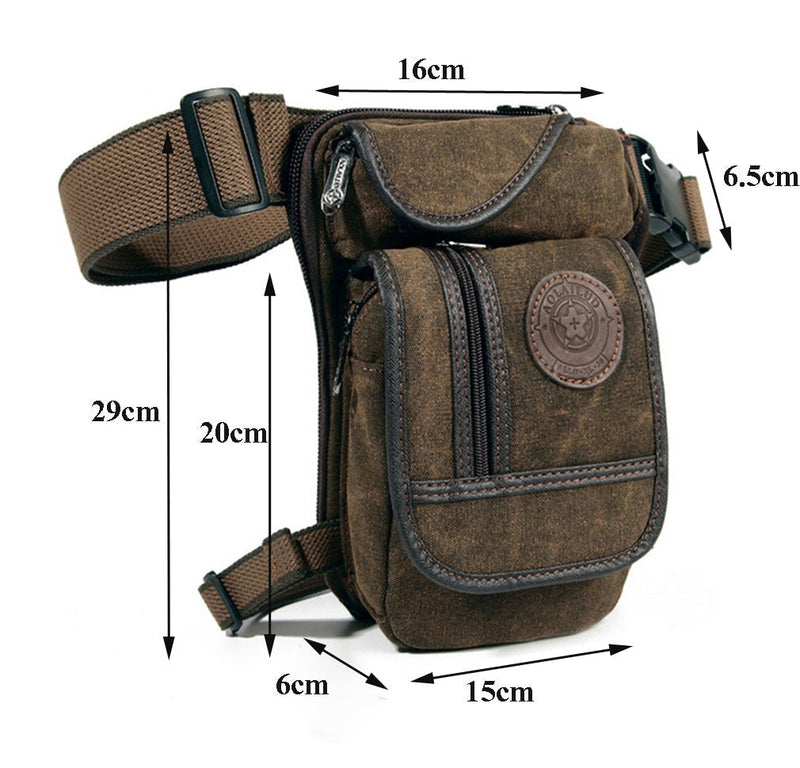 Braune Canvas-Gürteltasche, multifunktional, mit Reißverschlüssen, ideal für Outdoor-Aktivitäten.