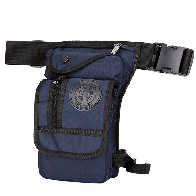 Dunkelblaue Gürteltasche aus Nylon mit Reißverschluss, ideal für Outdoor-Aktivitäten.