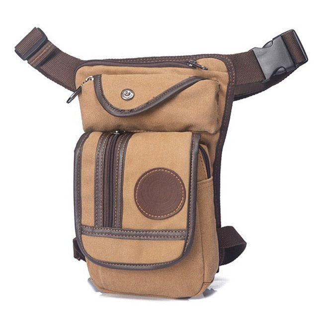 Beige Canvas-Gürteltasche mit Reißverschlüssen, ideal für Outdoor-Aktivitäten und Reisen.