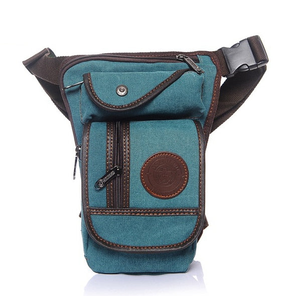 Grüne Canvas-Gürteltasche mit Reißverschluss und braunen Akzenten für Outdoor-Aktivitäten.