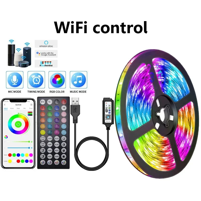 RGB-LED-Streifen mit WiFi-Steuerung, Fernbedienung, Smartphone-App, Musikmodus, mehrfarbig.