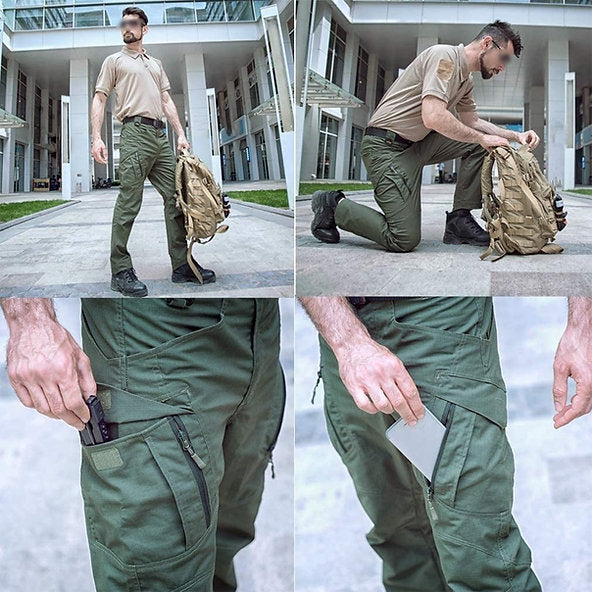 Mann in grüner taktischer Hose mit Taschen, kniet mit Rucksack, Outdoor-Kleidung.