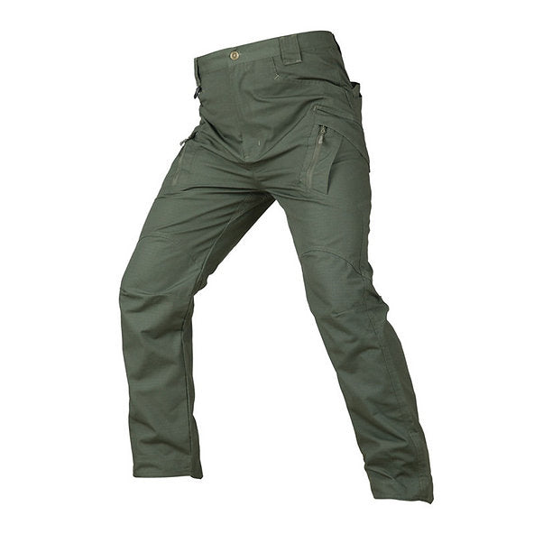 Grüne taktische Hose, Outdoor, robust, mit Reißverschlusstaschen, ideal für Wandern und Camping.
