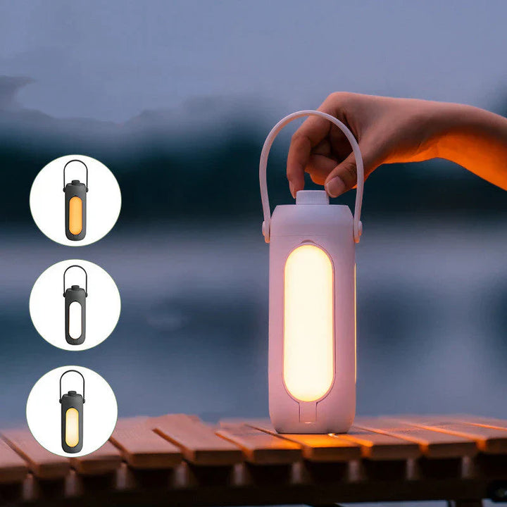 Tragbare LED-Laterne, dimmbar, weiß, für Camping und Outdoor, mit Griff, modernes Design.