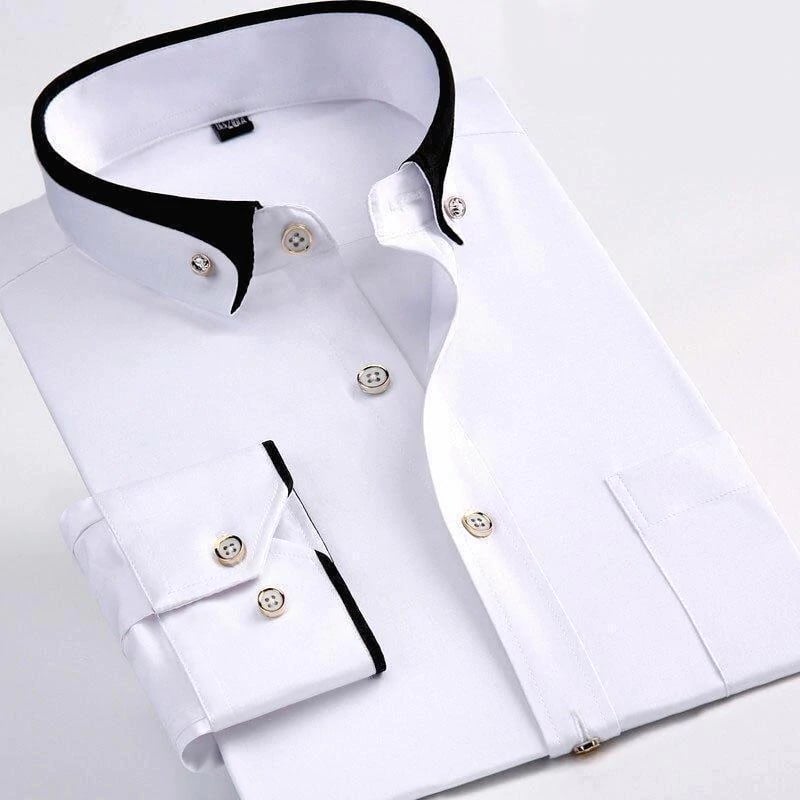 Weiße Herrenhemd mit schwarzem Kragen, Knopfleiste, Baumwolle, elegantes Design, Businessmode.