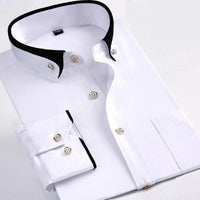 Weiße Herrenhemd mit schwarzem Kragen, Knopfleiste, Baumwolle, elegantes Design, Businessmode.
