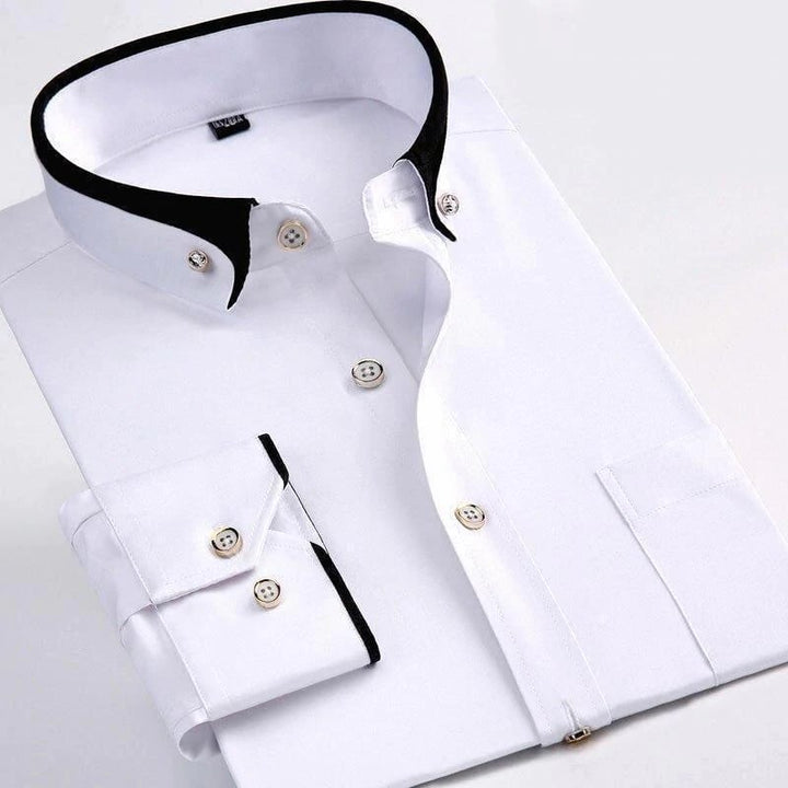 Weiße Herrenhemd mit schwarzem Kragen, Knopfleiste, Baumwolle, elegantes Design, Businessmode.