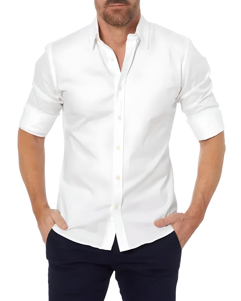 Weißes Herrenhemd, langärmlig, Baumwolle, klassischer Kragen, eleganter Business-Look.