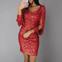 Damenkleid rot Pailletten V-Ausschnitt elegant Partykleid festlich glamourös.