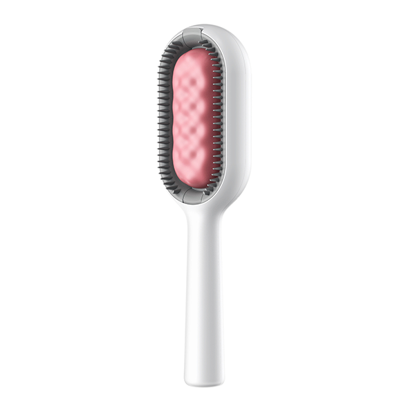 Weiße Haarbürste mit rosa Polster, ergonomisch, für glattes Haarstyling.