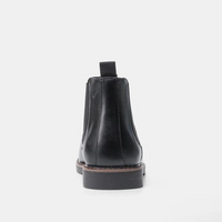 Schwarzer Lederstiefel, Chelsea-Stil, rutschfeste Sohle, Herrenmode, Rückansicht.
