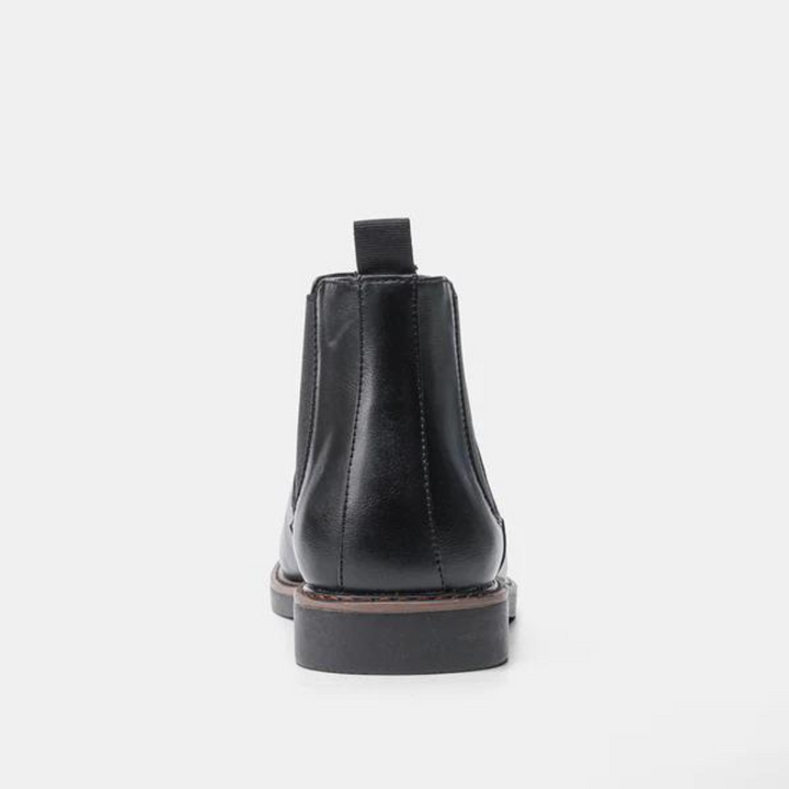 Schwarzer Lederstiefel, Chelsea-Stil, rutschfeste Sohle, Herrenmode, Rückansicht.