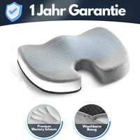 Orthopädisches Sitzkissen, grauer Memory-Schaum, ergonomisch, waschbarer Bezug, 1 Jahr Garantie.