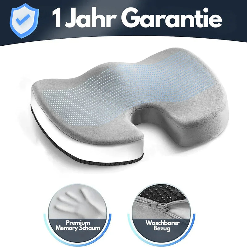 Orthopädisches Sitzkissen, grauer Memory-Schaum, ergonomisch, waschbarer Bezug, 1 Jahr Garantie.