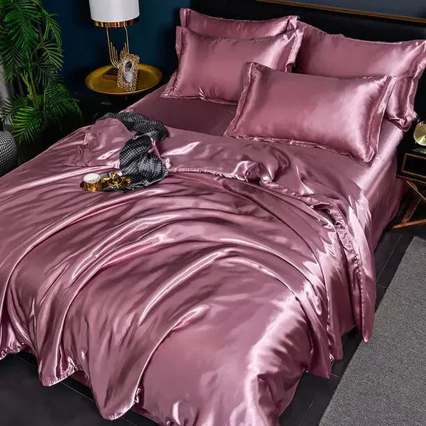 Rosa Seidensatin-Bettwäsche-Set, luxuriös, glänzend, für Doppelbett, Schlafzimmer-Dekor.