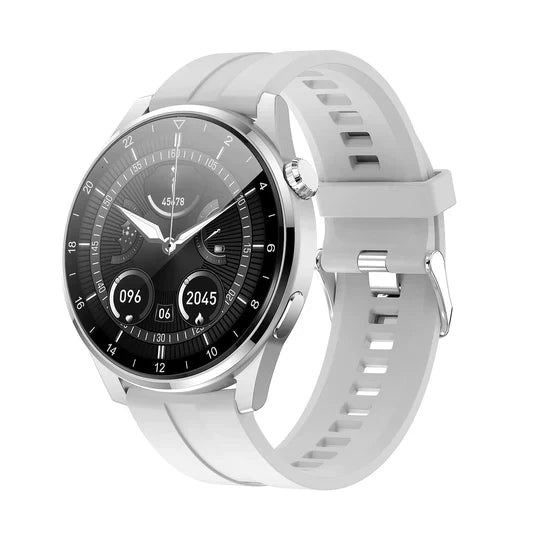 Silberne Smartwatch mit rundem Zifferblatt und weißem Armband, Fitness-Tracker, modern.