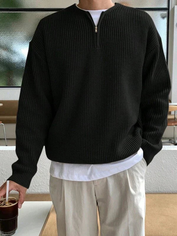 Schwarzer Strickpullover mit Reißverschluss, Herrenmode, lässig, Baumwolle, Herbstkleidung.