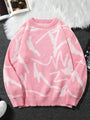 Rosa Strickpullover mit abstraktem Muster, Damenmode, weiches Material, Herbst-Winter-Trend.