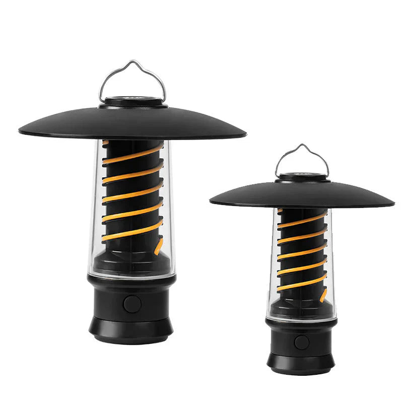 Schwarze LED-Laterne, tragbar, wetterfest, für Camping und Outdoor-Aktivitäten.